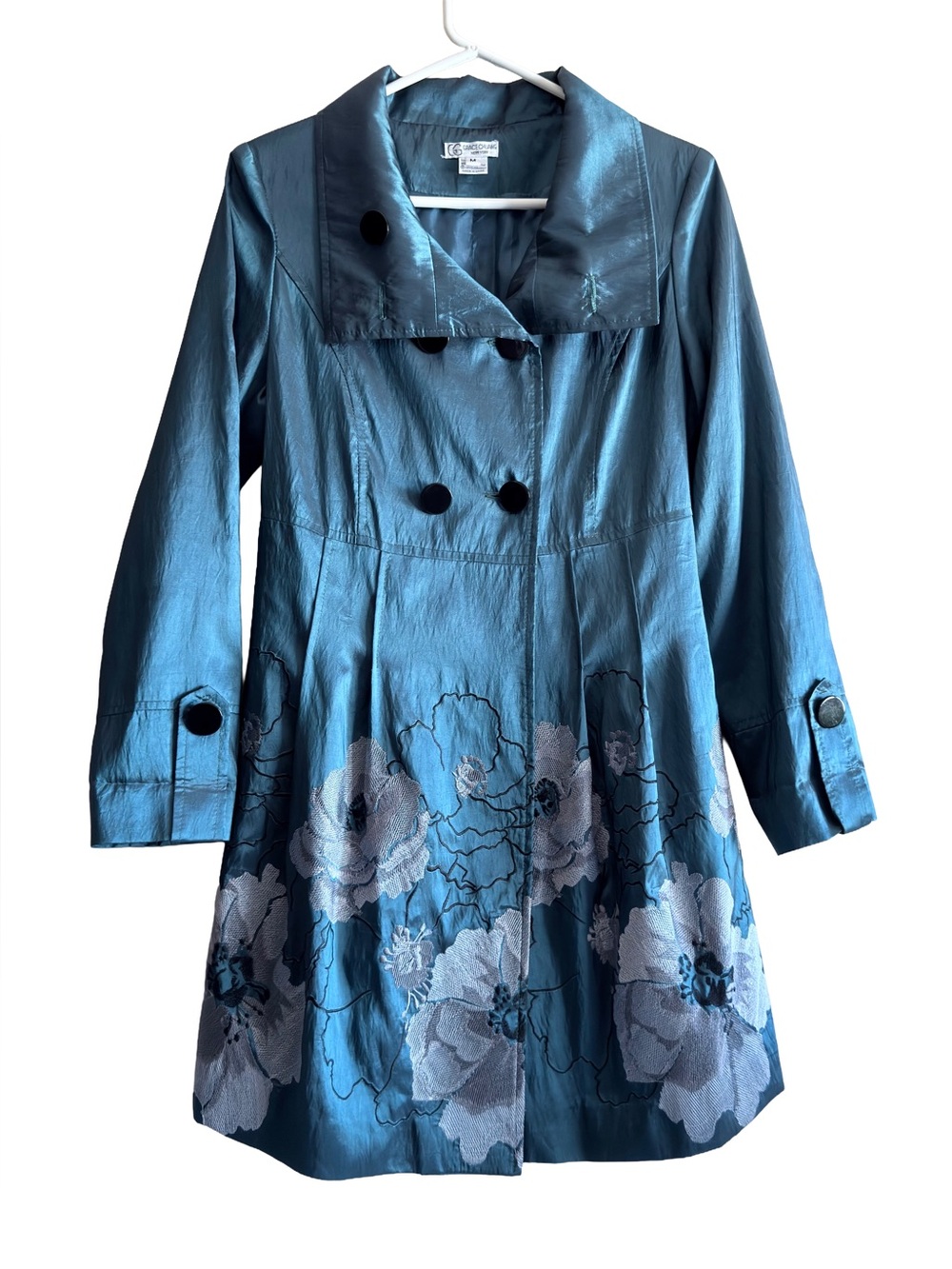 Grace Chuang New York Coat Teal Iridescent Floral Embroidered Women’s M